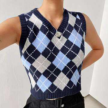 SAFRISIOR Blue Vintage V Neck Crop Sweater Vest for Women