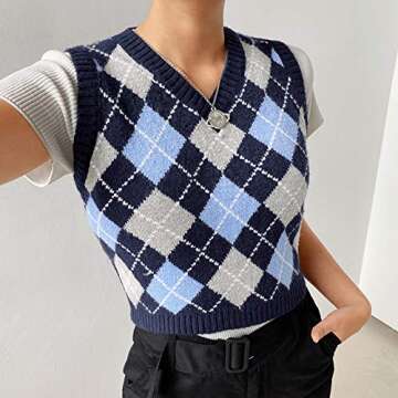 SAFRISIOR Blue Vintage V Neck Crop Sweater Vest for Women