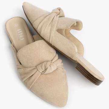MUSSHOE Mules for Women Comfortable Pointed Toe Backless Slip-on Slides Loafer Flats with Knot,Nude 8