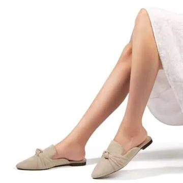 MUSSHOE Mules for Women Comfortable Pointed Toe Backless Slip-on Slides Loafer Flats with Knot,Nude 8