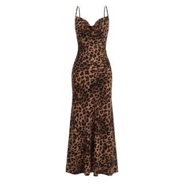 Floerns Women's Leopard Print Draped Collar Spaghetti Strap Cami Long Dress Brown S