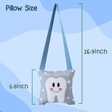 Xunboo Tooth Fairy Pillow with Pocket for Kids Tooth Keepsake Pouch Tooth Fairy Bag on Back Toothfairy Gift for Boys and Girls, 6.8 x 6.8 inches (Light Blue)