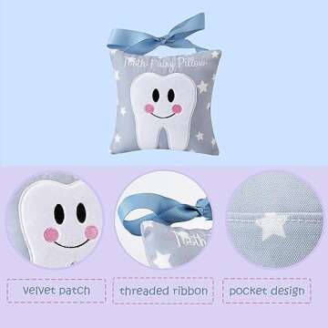 Xunboo Tooth Fairy Pillow with Pocket for Kids Tooth Keepsake Pouch Tooth Fairy Bag on Back Toothfairy Gift for Boys and Girls, 6.8 x 6.8 inches (Light Blue)