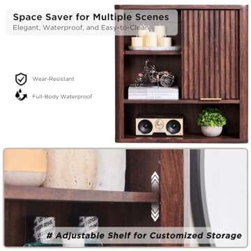RedLemon Bathroom Wall Cabinet w/Fluted Sliding Door, Modern Medicine Cabinet with Adjustable Shelf, Curved Profile Wall Mounted Storage Organizer, Walnut