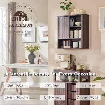 RedLemon Bathroom Wall Cabinet w/Fluted Sliding Door, Modern Medicine Cabinet with Adjustable Shelf, Curved Profile Wall Mounted Storage Organizer, Walnut