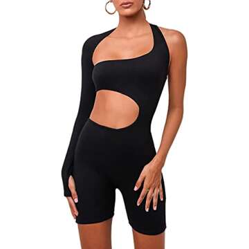 LuFeng Women's Sexy Cut Out One Shoulder Long Sleeve Jumpsuit Short Bodycon Romper Clubwear