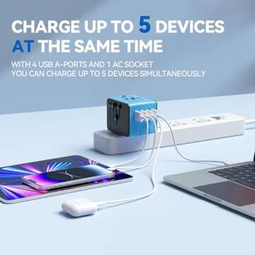 Unidapt Universal Travel Adapter, International Plug Adapter Fast 2,4A 4-USB European Power Plug, AC Wall Charger – Worldwide Outlet for Europe US USA UK EU AUS, Blue