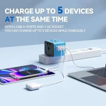 Unidapt Universal Travel Adapter, International Plug Adapter Fast 2,4A 4-USB European Power Plug, AC Wall Charger – Worldwide Outlet for Europe US USA UK EU AUS, Blue