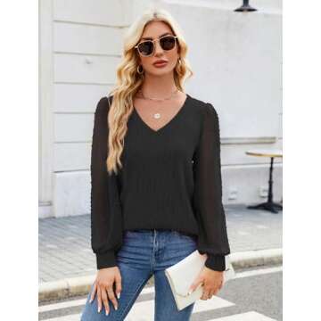 Womens Dressy Tops Casual V Neck Long Sleeve Top Sexy Tops Sheer Sleeve Shirts Trendy Blouse Work To...