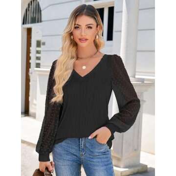 Womens Dressy Tops Casual V Neck Long Sleeve Top Sexy Tops Sheer Sleeve Shirts Trendy Blouse Work Tops for Women Holiday Black S