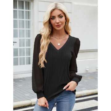 Womens Dressy Tops Casual V Neck Long Sleeve Top Sexy Tops Sheer Sleeve Shirts Trendy Blouse Work Tops for Women Holiday Black S