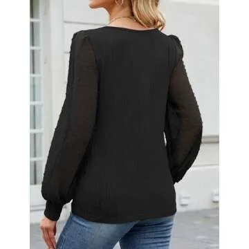 Womens Dressy Tops Casual V Neck Long Sleeve Top Sexy Tops Sheer Sleeve Shirts Trendy Blouse Work Tops for Women Holiday Black S