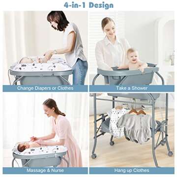 HONEY JOY Baby Changing Table with Bathtub, Foldable Infant Diaper Changing Station with Wheels, Sto...