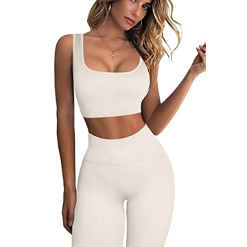 QINSEN Yoga Outfit for Women Seamless 2 Piece Workout Sport Bra High Waist Leggings Sets Beige S