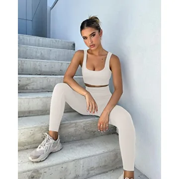 QINSEN Yoga Outfit for Women Seamless 2 Piece Workout Sport Bra High Waist Leggings Sets Beige S