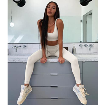 QINSEN Yoga Outfit for Women Seamless 2 Piece Workout Sport Bra High Waist Leggings Sets Beige S