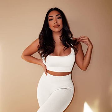 QINSEN Yoga Outfit for Women Seamless 2 Piece Workout Sport Bra High Waist Leggings Sets Beige S