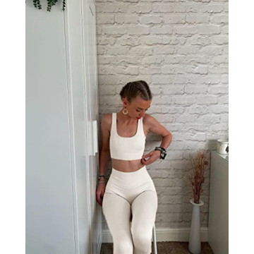 QINSEN Yoga Outfit for Women Seamless 2 Piece Workout Sport Bra High Waist Leggings Sets Beige S