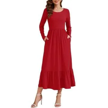 AUSELILY Women's Fall Maxi Dress with Sleeves and Pockets