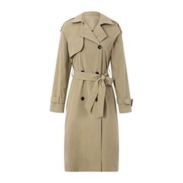 Rteyno Women's Double Breasted Long Trench Coat Classic Lapel Long Lightweight Jacket Windproof Overcoat with Belt