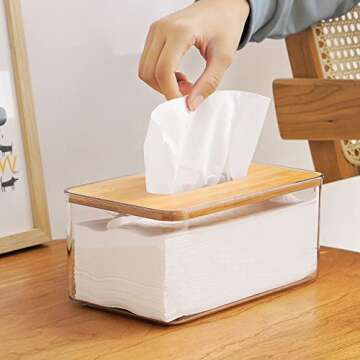 Tissue Holder, Dryer Sheet Dispenser Box with Bamboo Wood Lid, Transparent Container, Modern Minimalist Design. Tissue Organizer for Living Room,Bathroom, Bedroom, (Large)