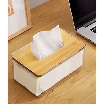 Tissue Holder, Dryer Sheet Dispenser Box with Bamboo Wood Lid, Transparent Container, Modern Minimalist Design. Tissue Organizer for Living Room,Bathroom, Bedroom, (Large)