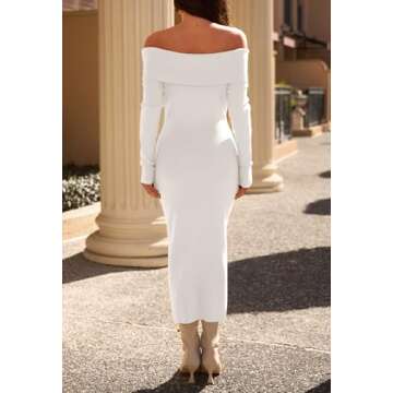 MEROKEETY Women's Winter Off Shoulder Bodycon Sweater Dress Formal Long Sleeve Elegant Cocktail Party Midi Maxi Dresses, White, Large