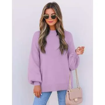 ZESICA Women's Casual Turtleneck Long Lantern Sleeve Oversized Ribbed Knit Pullover Sweater Jumper Top,Purple,Medium