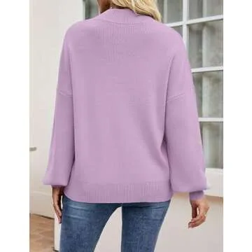 ZESICA Women's Casual Turtleneck Long Lantern Sleeve Oversized Ribbed Knit Pullover Sweater Jumper Top,Purple,Medium