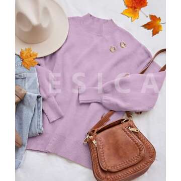 ZESICA Women's Casual Turtleneck Long Lantern Sleeve Oversized Ribbed Knit Pullover Sweater Jumper Top,Purple,Medium