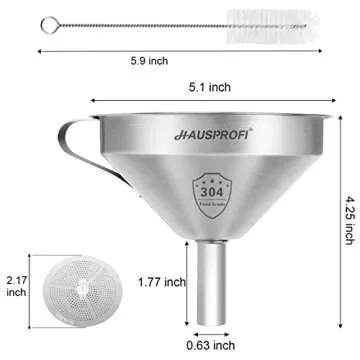 HAUSPROFI Stainless Steel Funnel, 5.1 Inch 304 Stainless Steel Kitchen Funnel with 200 Mesh Food Fil...