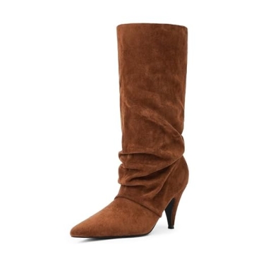 Modatope Women’s Brown Suede Slouchy Mid Calf Boots - Pointed Toe, Chunky Heel