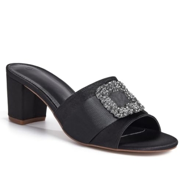 Womens Chunky Block Heel Mules Dressy Sandals Open Toe Rhinestone Jeweled Low Heeled Wedding Slide S...