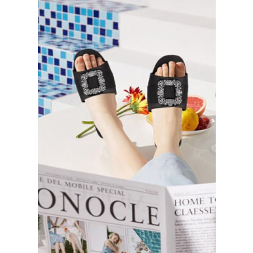 Womens Chunky Block Heel Mules Dressy Sandals Open Toe Rhinestone Jeweled Low Heeled Wedding Slide Shoes