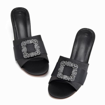Womens Chunky Block Heel Mules Dressy Sandals Open Toe Rhinestone Jeweled Low Heeled Wedding Slide Shoes