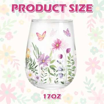 Whaline 2Pcs Spring Stemless Wine Glasses 17oz Watercolor Floral Butterfly Drinking Glasses Wild Flo...