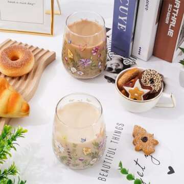 Whaline 2Pcs Spring Stemless Wine Glasses 17oz Watercolor Floral Butterfly Drinking Glasses Wild Flower Tumbler Cups for Party Supplies Gifts