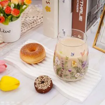 Whaline 2Pcs Spring Stemless Wine Glasses 17oz Watercolor Floral Butterfly Drinking Glasses Wild Flower Tumbler Cups for Party Supplies Gifts