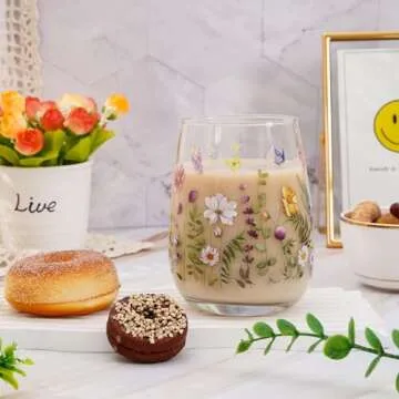 Whaline 2Pcs Spring Stemless Wine Glasses 17oz Watercolor Floral Butterfly Drinking Glasses Wild Flower Tumbler Cups for Party Supplies Gifts