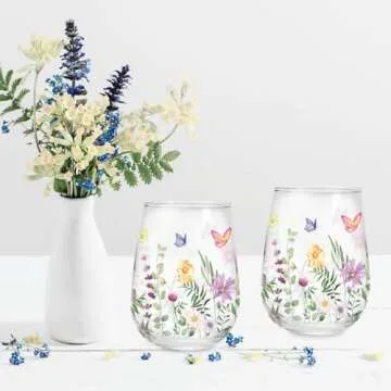 Whaline 2Pcs Spring Stemless Wine Glasses 17oz Watercolor Floral Butterfly Drinking Glasses Wild Flower Tumbler Cups for Party Supplies Gifts