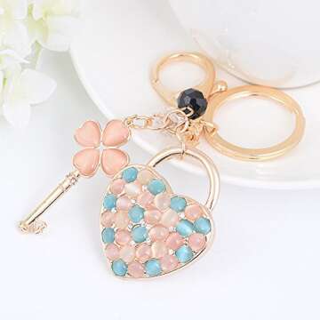 Jzcky Shzrp Cute Heart and Key Shape Crystal Rhinestone Keychain Key Chain Sparkling Key Ring Charm Purse Pendant Handbag Bag Decoration Holiday Gift(White)