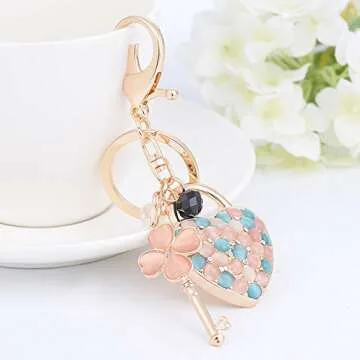Jzcky Shzrp Cute Heart and Key Shape Crystal Rhinestone Keychain Key Chain Sparkling Key Ring Charm Purse Pendant Handbag Bag Decoration Holiday Gift(White)