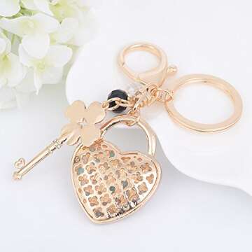 Jzcky Shzrp Cute Heart and Key Shape Crystal Rhinestone Keychain Key Chain Sparkling Key Ring Charm Purse Pendant Handbag Bag Decoration Holiday Gift(White)