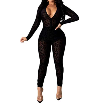 Uni Clau Women Deep V Neck One Piece Outfits Mesh Sheer Bodycon Jumpsuit Long Sleeve See Through Par...