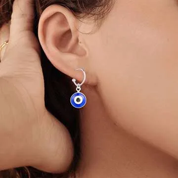 Dainty Evil Eye Huggie Hoop Earrings,Dainty Tiny Turkish Enamel Blue Evil Eye Dangle Hoop Earrings for Women Lucky Jewelry (Silver A)
