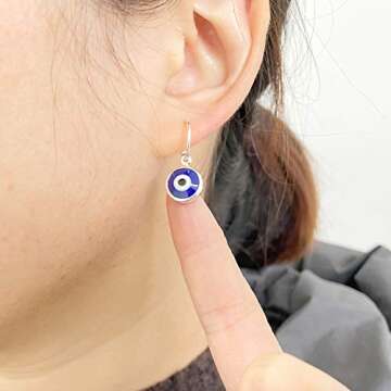 Dainty Evil Eye Huggie Hoop Earrings,Dainty Tiny Turkish Enamel Blue Evil Eye Dangle Hoop Earrings for Women Lucky Jewelry (Silver A)