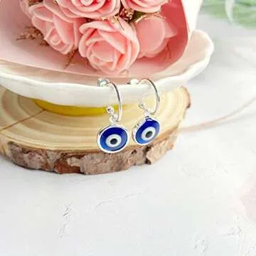 Dainty Evil Eye Huggie Hoop Earrings,Dainty Tiny Turkish Enamel Blue Evil Eye Dangle Hoop Earrings for Women Lucky Jewelry (Silver A)