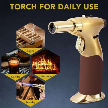 Tuffen Kitchen Torch Golden, Dual Flame Butane Torch Gun for Candles And Creme Brulee & More, Refillable Cooking Torch Lighter, Butane Gas Is Not Included