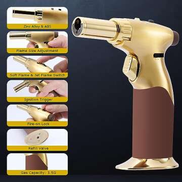 Tuffen Kitchen Torch Golden, Dual Flame Butane Torch Gun for Candles And Creme Brulee & More, Refillable Cooking Torch Lighter, Butane Gas Is Not Included