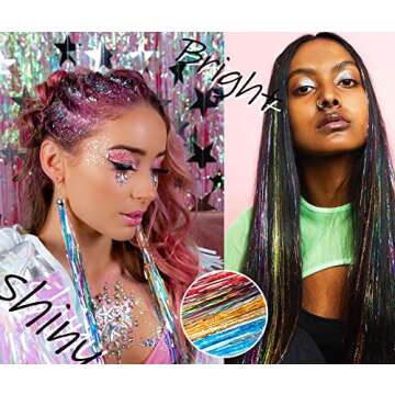 Hair Tinsel Kit 12 Colors, 2500 Strands 48 Inches Sparkling Tinsel Hair Extensions with Tool, Fairy Hair Tinsel for Birthday Halloween Christmas New Year Party